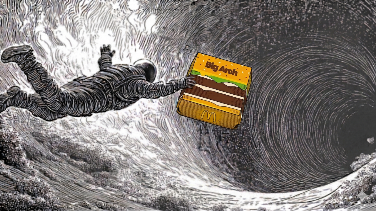 Astronaut reaching for a McDonald's Big Arch box above a dark vortex