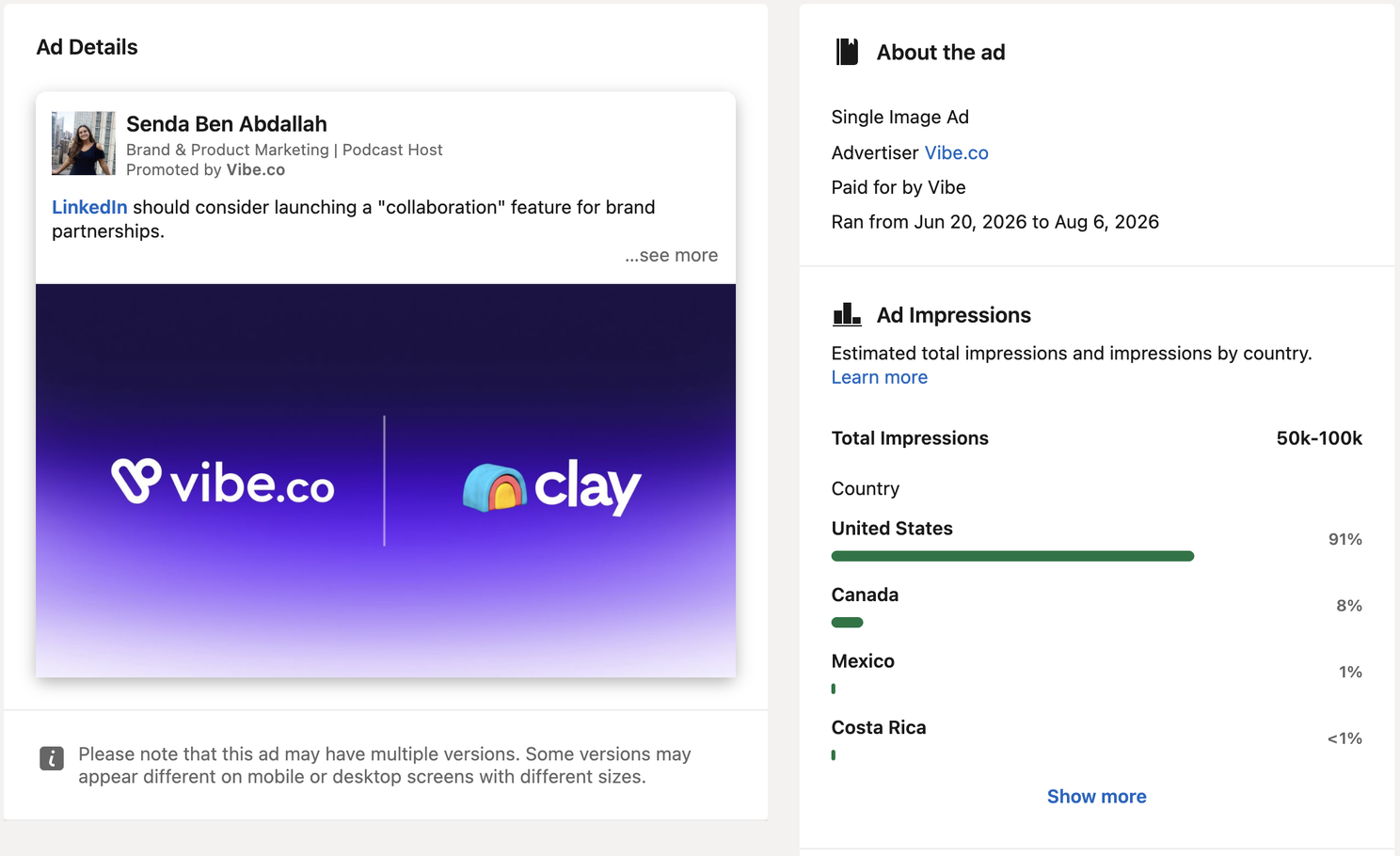 The Vibe.co and Clay partnership ad, with 50k to 100k impressions in the LinkedIn ad library