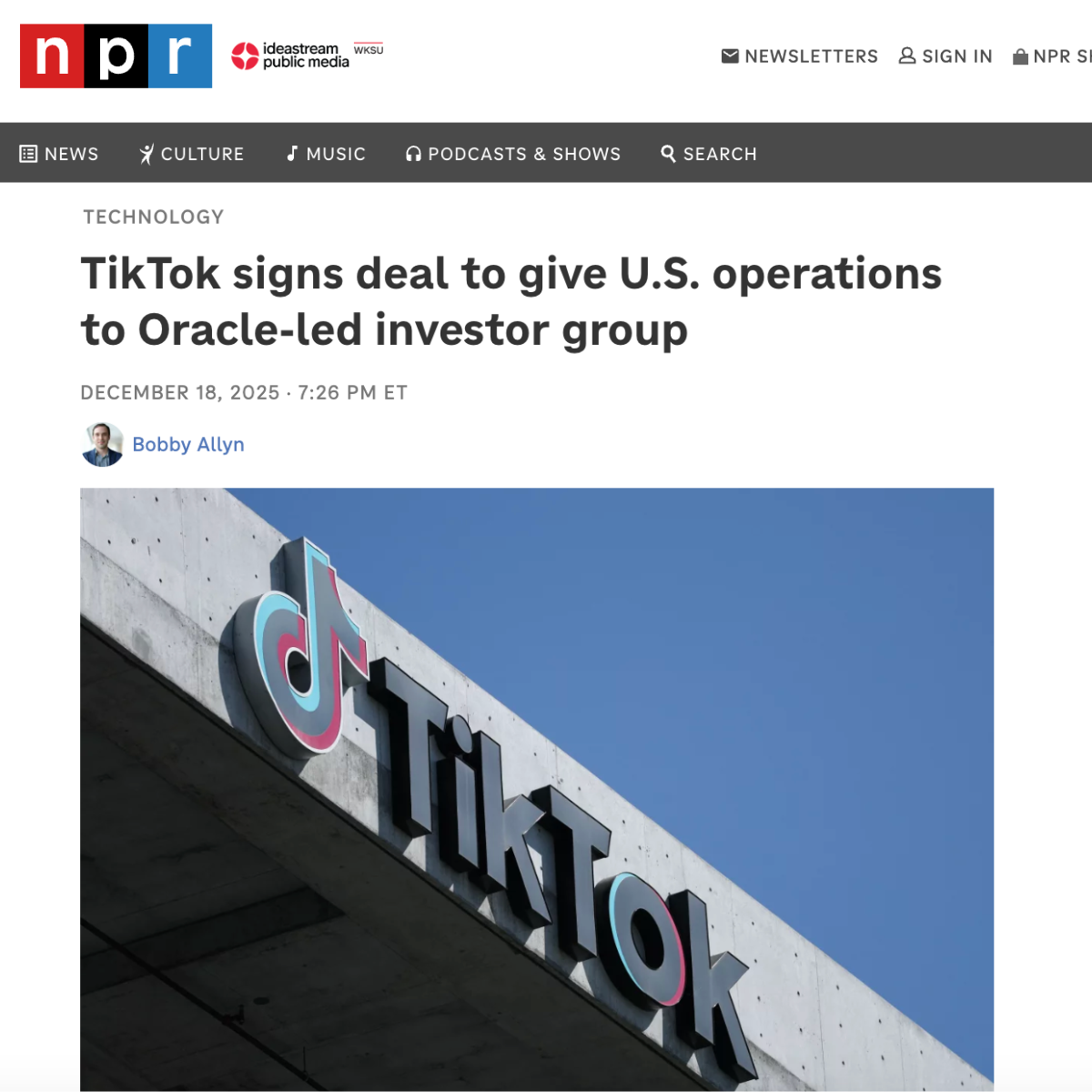 News screenshot from the original post: an NPR article headlined “TikTok signs deal to give U.S. operations to Oracle-led investor group.”