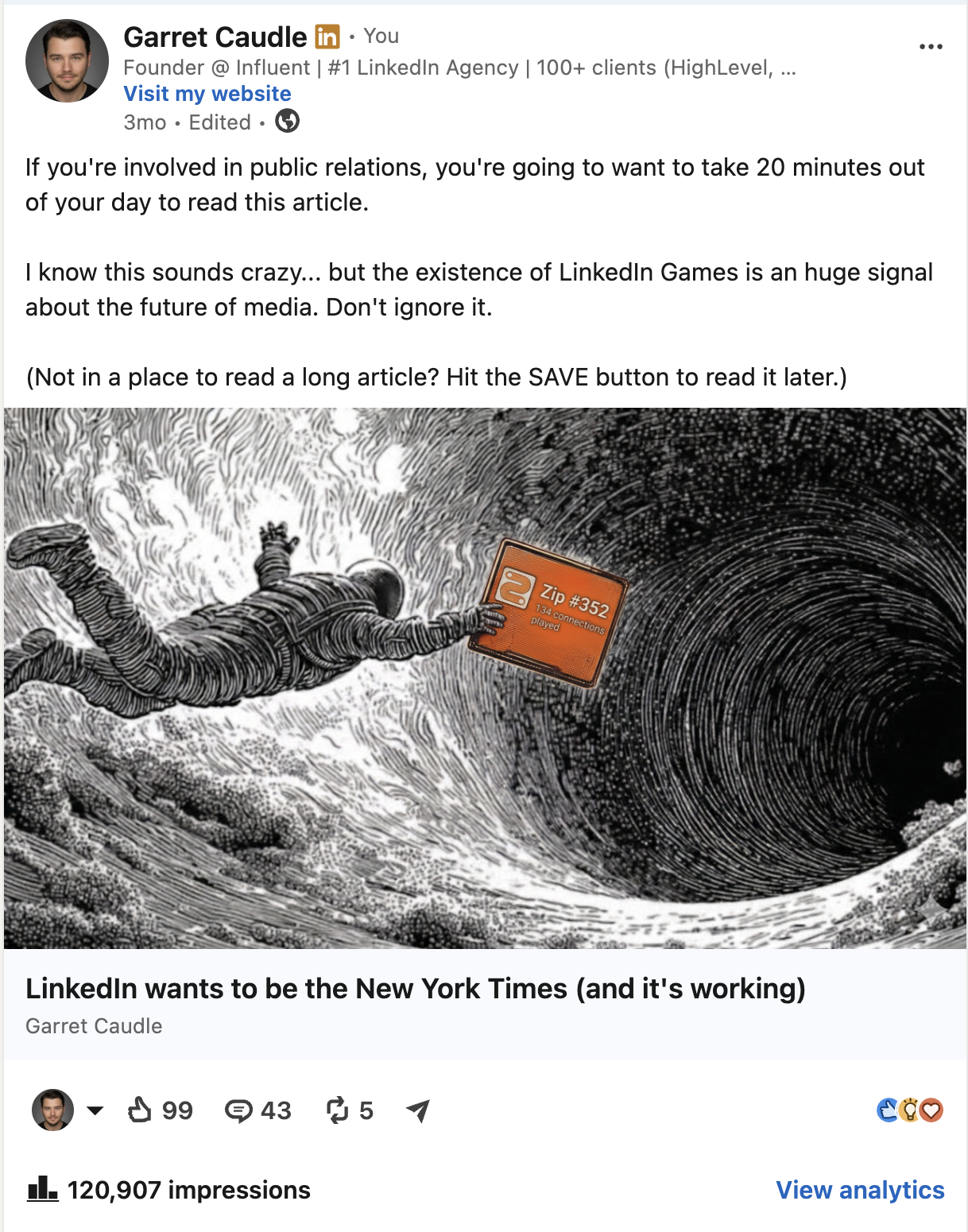 Garret Caudle LinkedIn post about PR and LinkedIn as a media platform