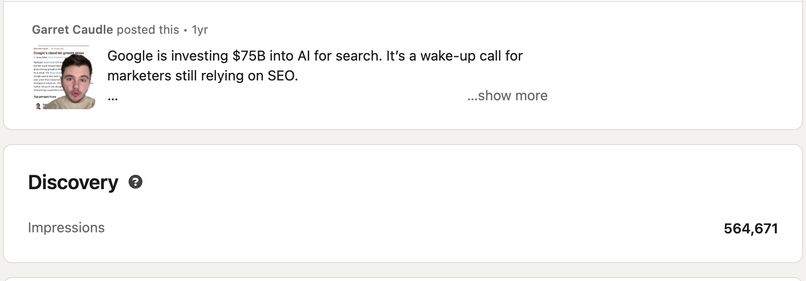 A news-reactive post that earned 564,671 impressions.