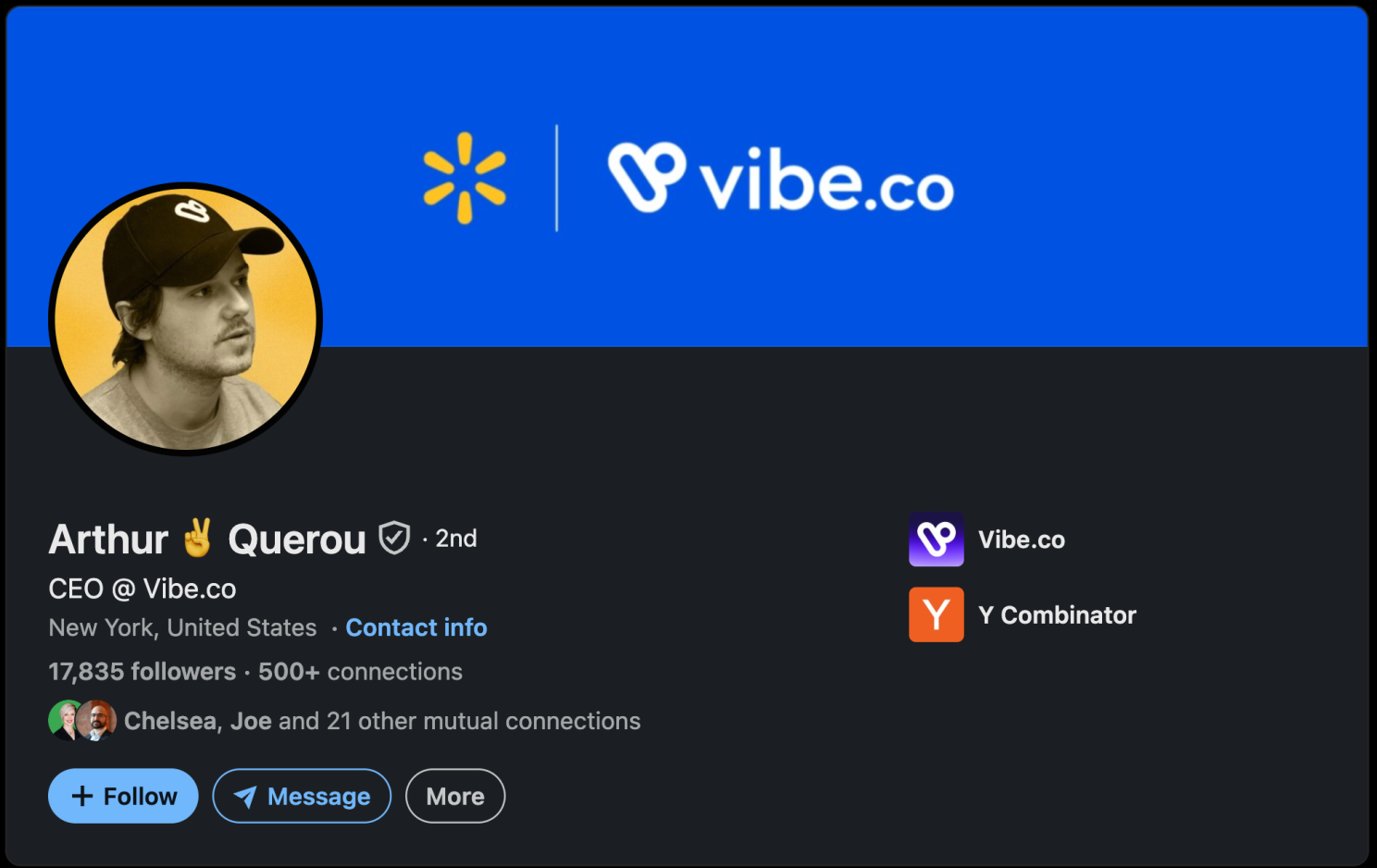 Arthur Querou's LinkedIn profile, CEO of Vibe.co, with 17,835 followers