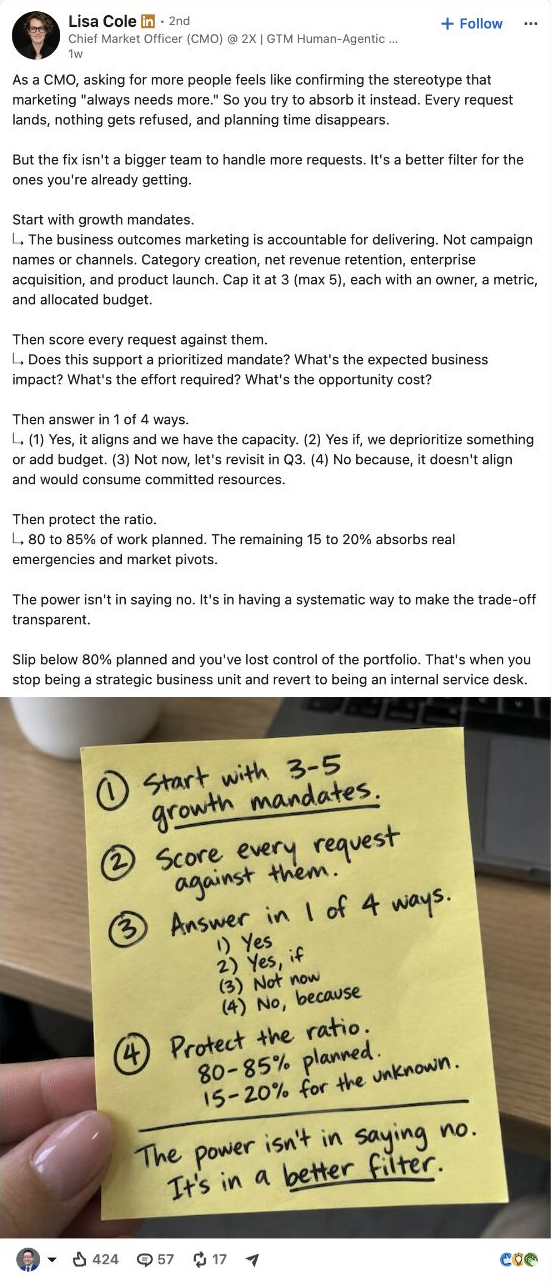 Actual LinkedIn screenshot of Lisa Cole’s Influent post from September 17, 2026