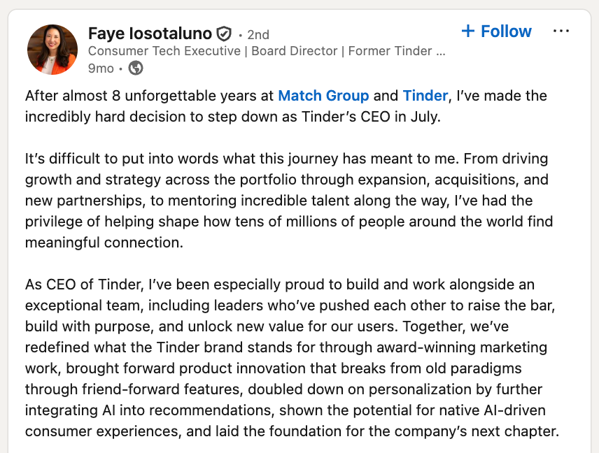 Tinder's CEO announced her departure on LinkedIn instead of via press release.