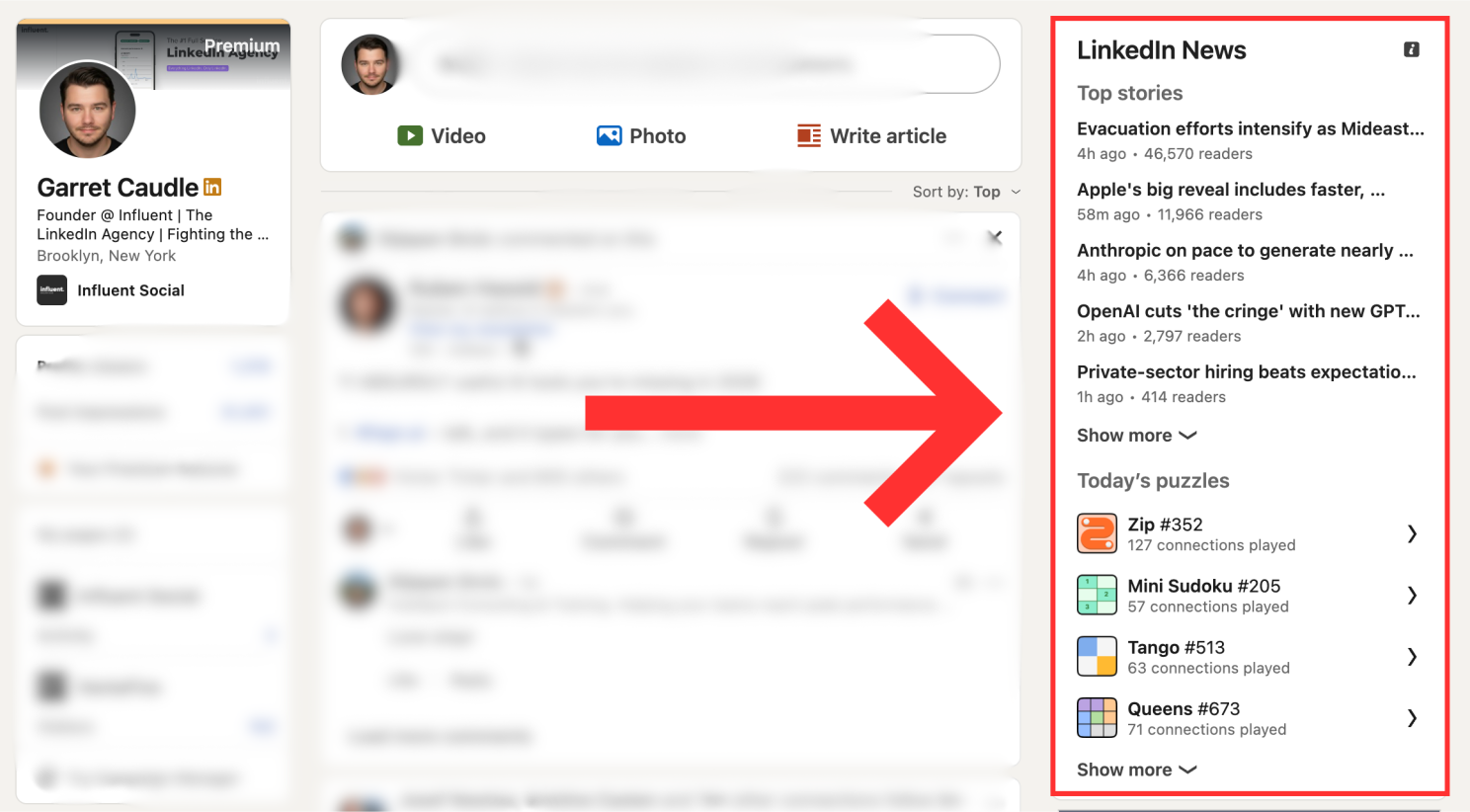LinkedIn News on desktop: headlines up top, daily puzzles right below.