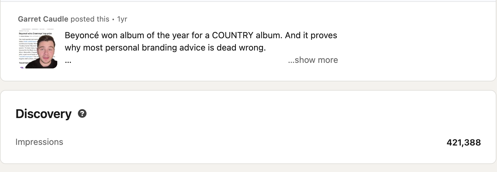 A news-reactive post that earned 421,388 impressions.