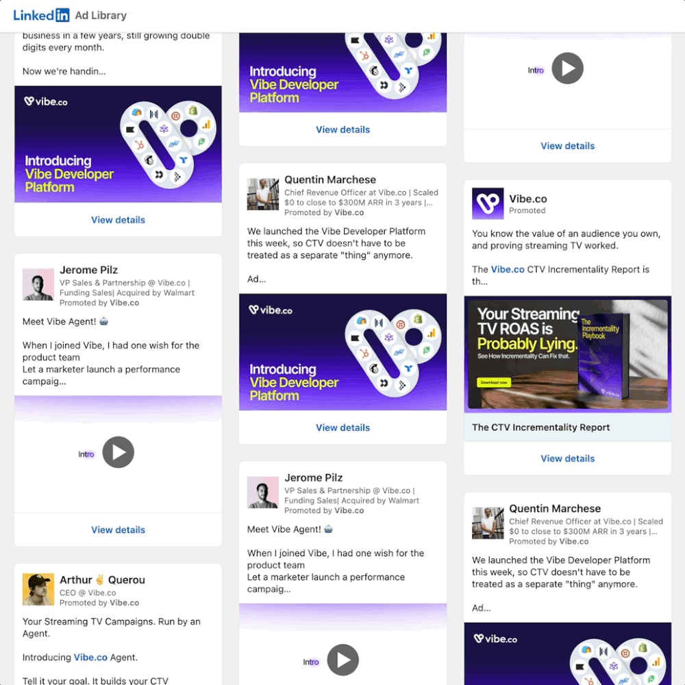 A wall of Vibe.co Thought Leader Ads running from different executives and creators