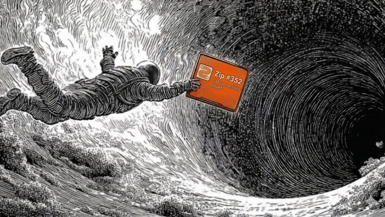 Astronaut reaching for a LinkedIn Zip puzzle card above a dark vortex