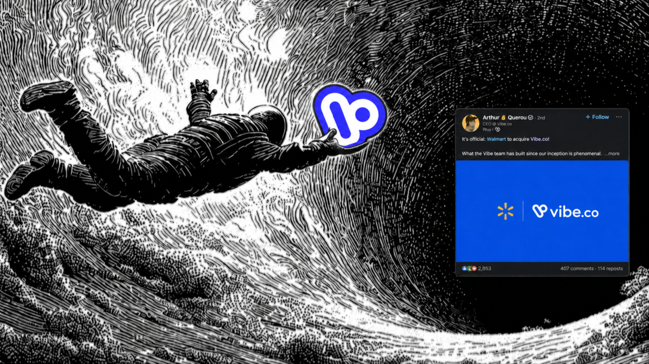 Surfer riding a giant wave with the Vibe.co logo and Arthur Querou's LinkedIn acquisition post