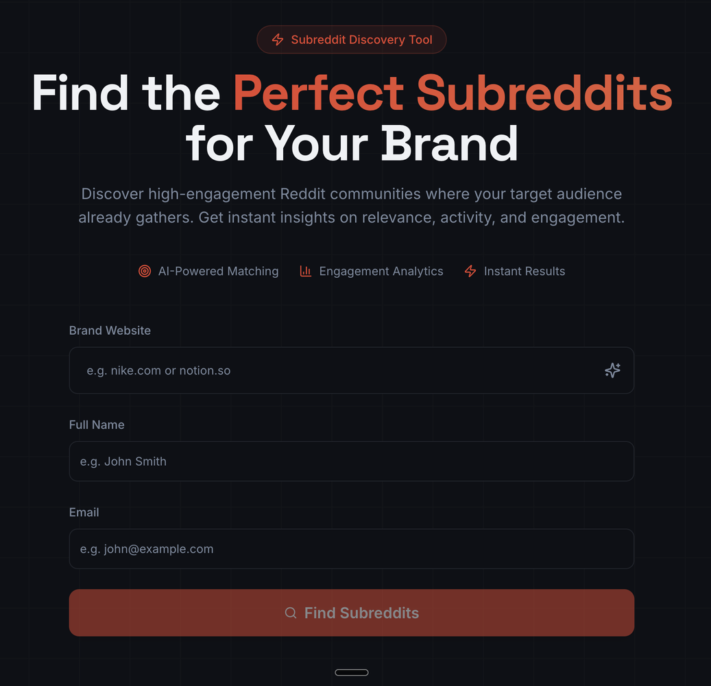A free subreddit discovery tool used as a signal-capture surface for marketing and sales.