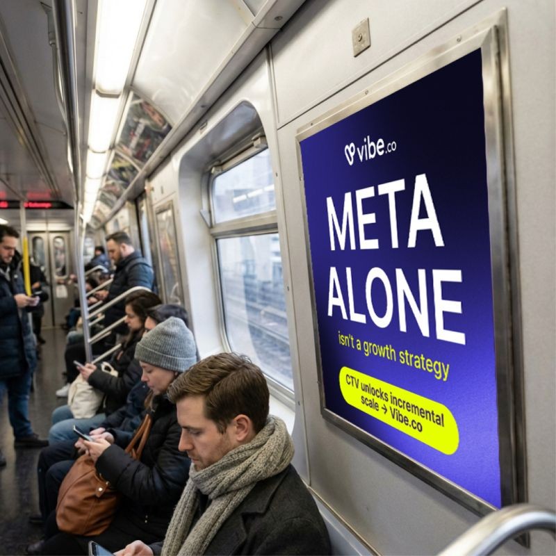 Vibe.co subway ad in a New York City train car reading "Meta alone isn't a growth strategy"