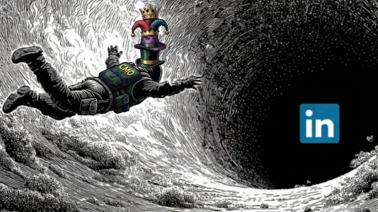Astronaut wearing a CMO jetpack topped with a jester hat and crown